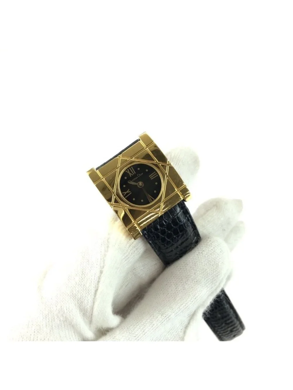 Dior Vintage Cannage Cool Carre Black Gold Stainless Steel Leather Watch